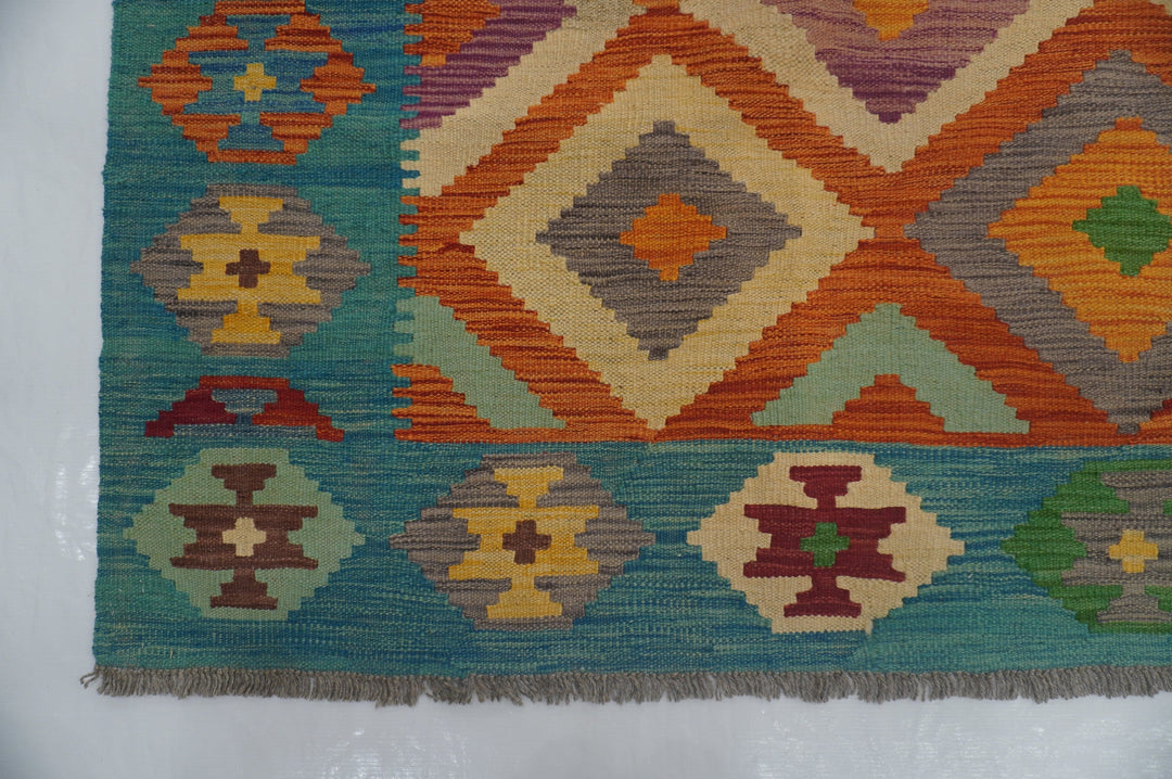 8'1 x 11'4 ft Afghan Kilim Orange Blue Handmade Rug - Yildiz Rugs