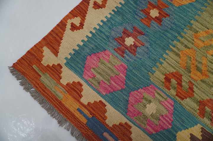 8x10 Afghan Orange Green Blue Handwoven Wool Kilim Area Rug - Yildiz Rugs