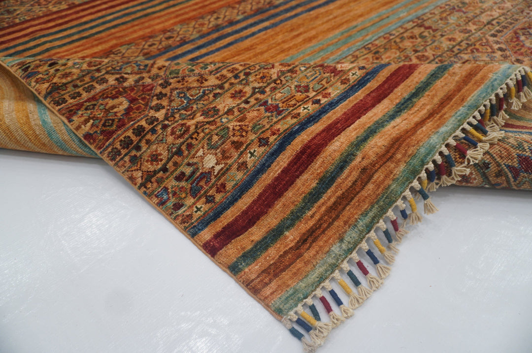 7x10 Stripe Brown Multicolor Afghan Hand knotted Rug - Yildiz Rugs