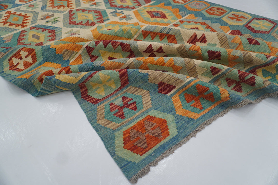 6x8 Afghan Kilim Beige Blue Handwoven rug - Yildiz Rugs