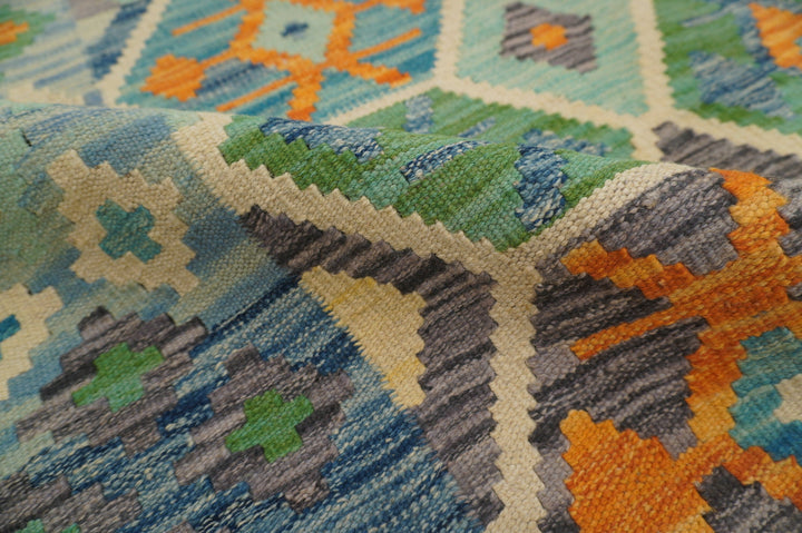 4x6 Afghan Kilim Blue Handmade Wool Rug - Yildiz Rugs
