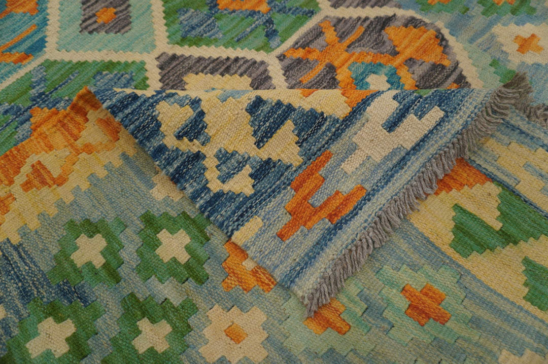 4x6 Afghan Kilim Blue Handmade Wool Rug - Yildiz Rugs