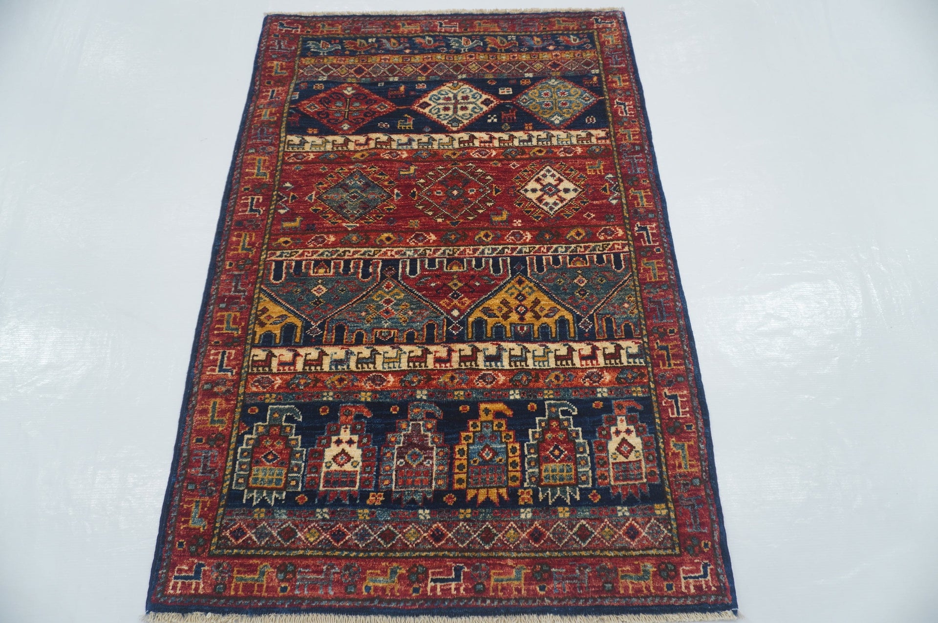 3x4 Gabbeh Navy Blue Nomadic Tribal Hand knotted Rug - Yildiz Rugs