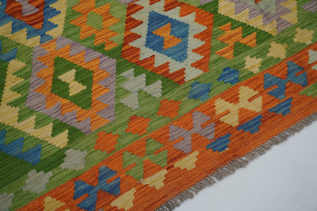 8'4x11'6 Afghan Kilim Green Orange Hand woven Wool Rug - Yildiz Rugs