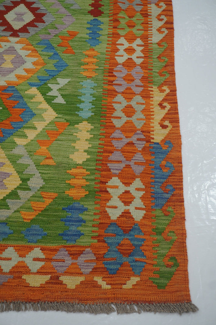 8'4x11'6 Afghan Kilim Green Orange Hand woven Wool Rug - Yildiz Rugs