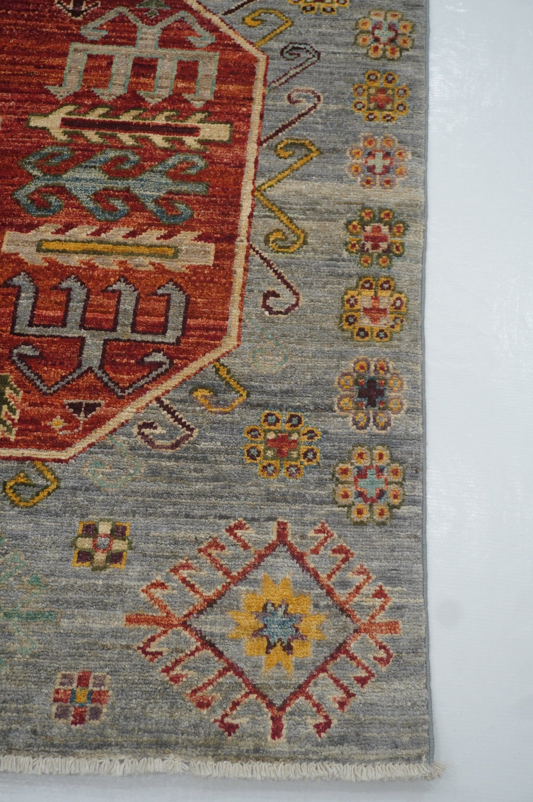 4x13 Gray Kazak Caucasian Afghan Hand knotted Wide Tribal Runner Rug - Yildiz Rugs