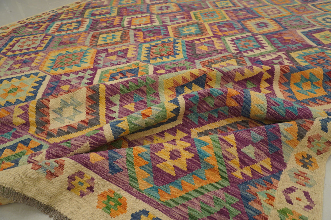 8'2 x 11'2 ft Afghan Kilim Pastel Purple Handmade Rug - Yildiz Rugs