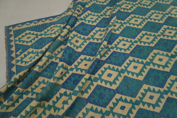 8'2 x 11'6 ft Afghan Kilim Turquoise Blue Handmade Rug - Yildiz Rugs