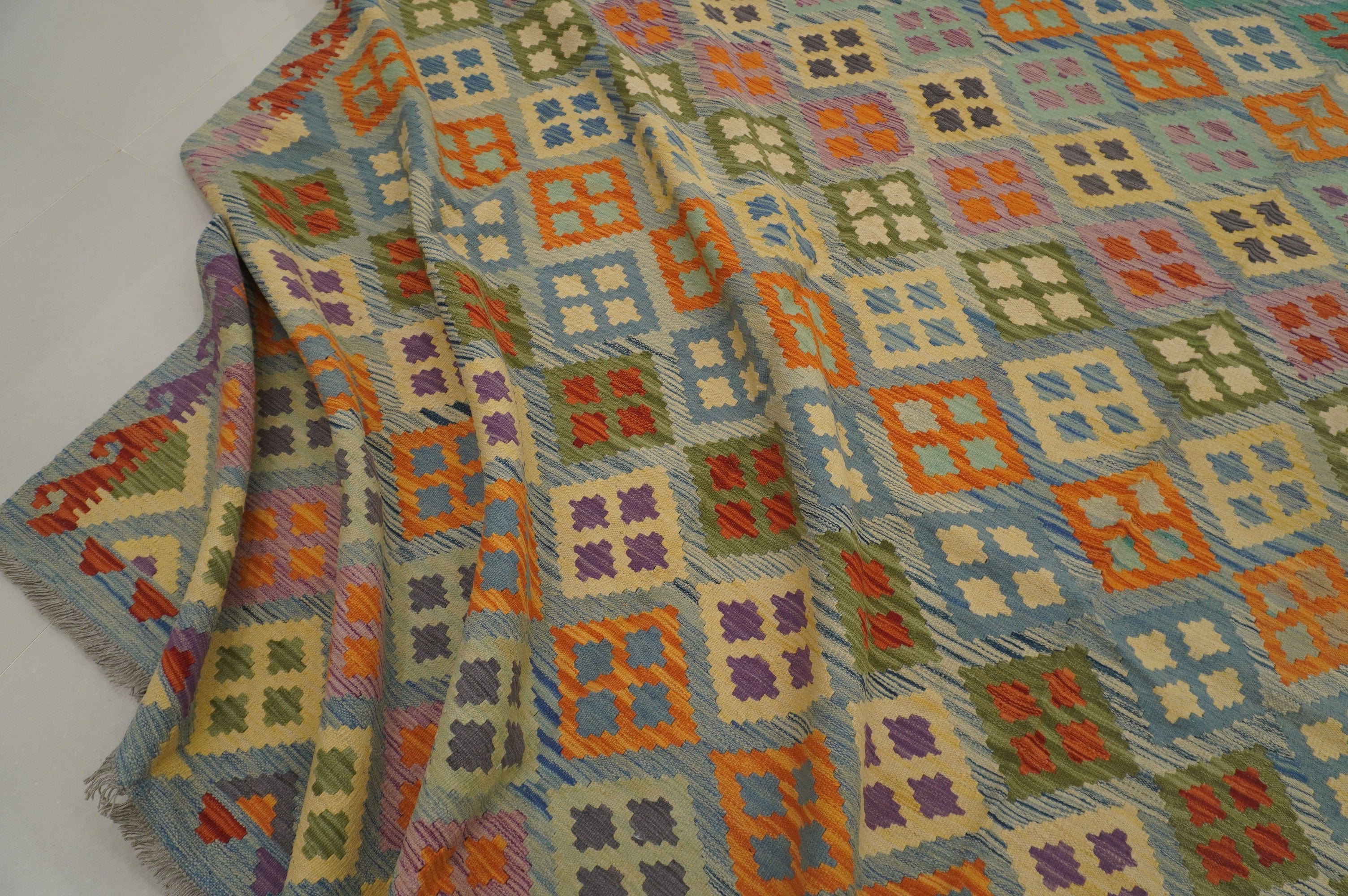 8'3x11'7 Afghan Kilim Blue Handmade Rug - Yildiz Rugs