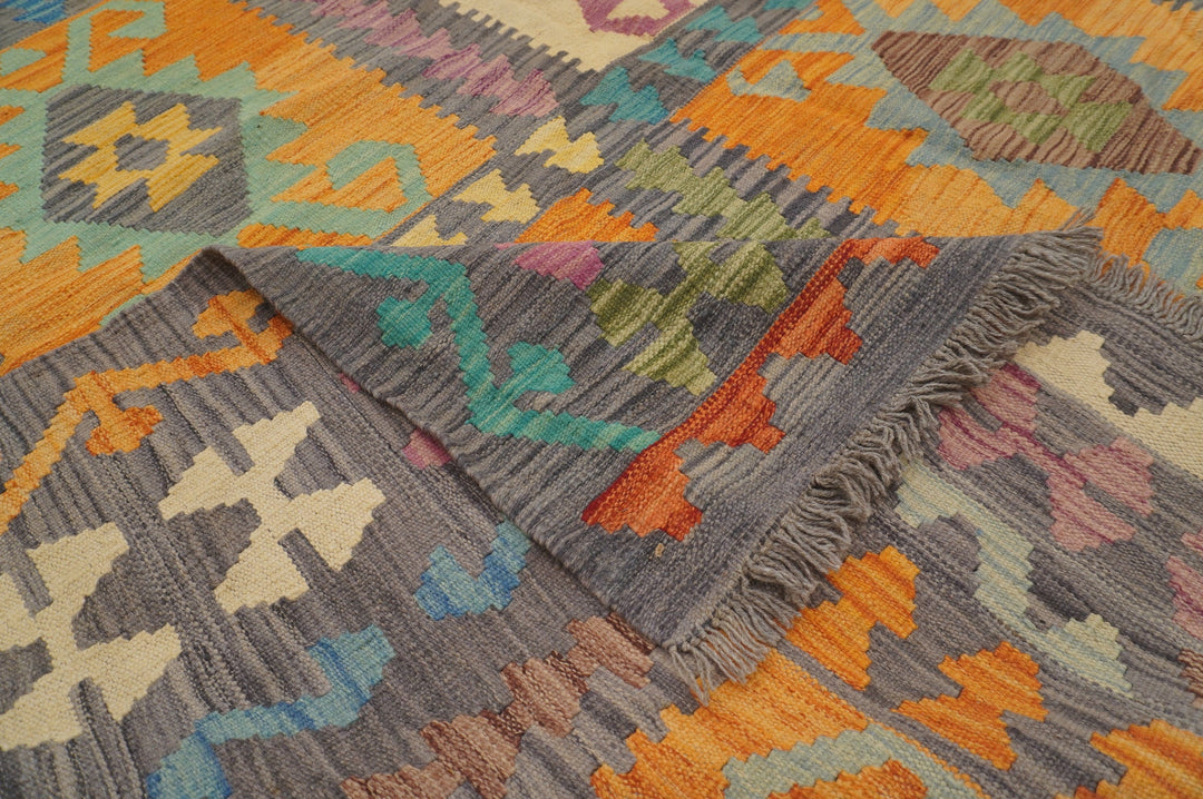 10x13 Afghan Kilim Gray Orange Handmade Wool rug - Yildiz Rugs