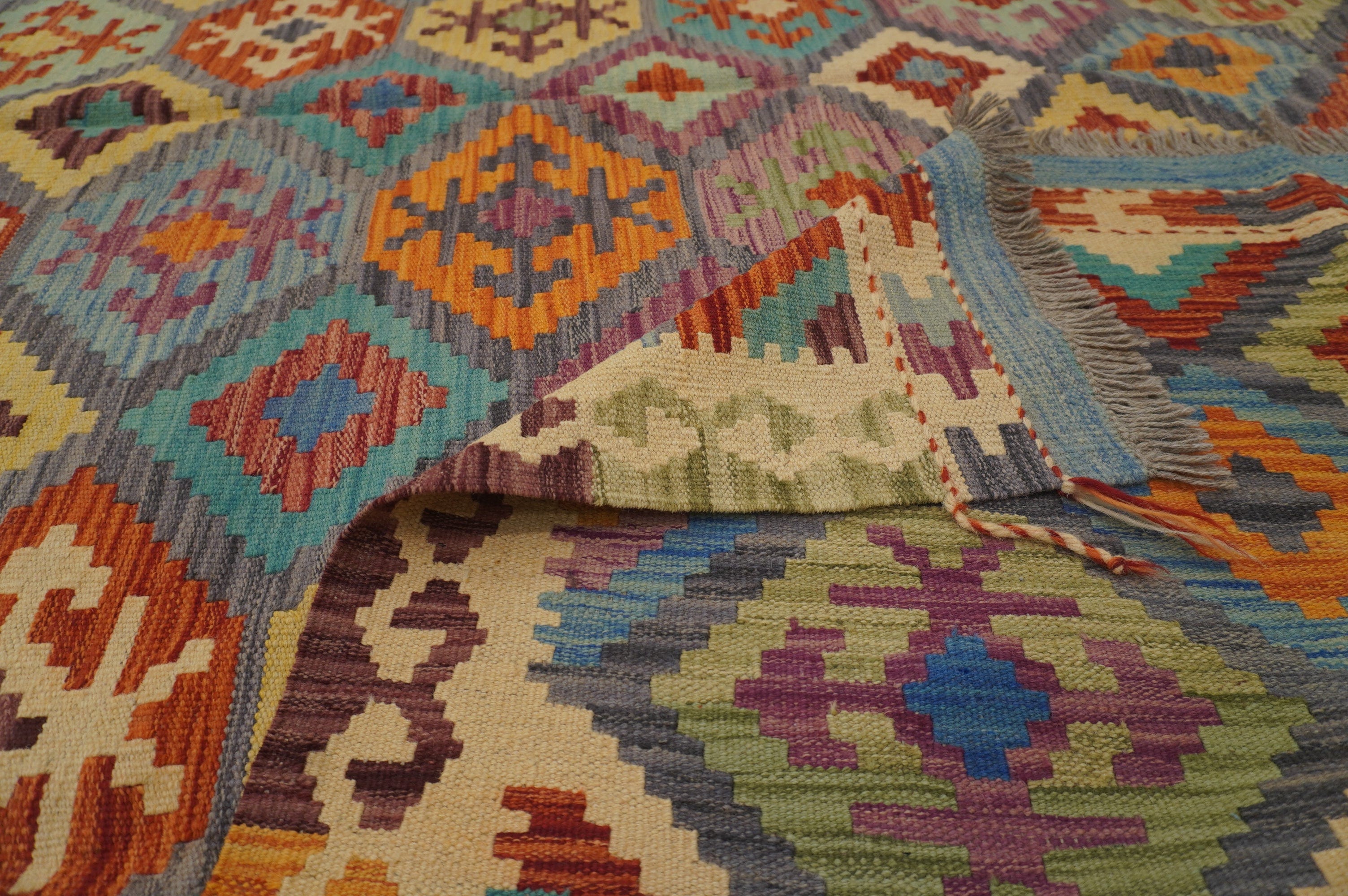 8'2 x 11'1 ft Afghan Kilim Gray Handmade Rug - Yildiz Rugs