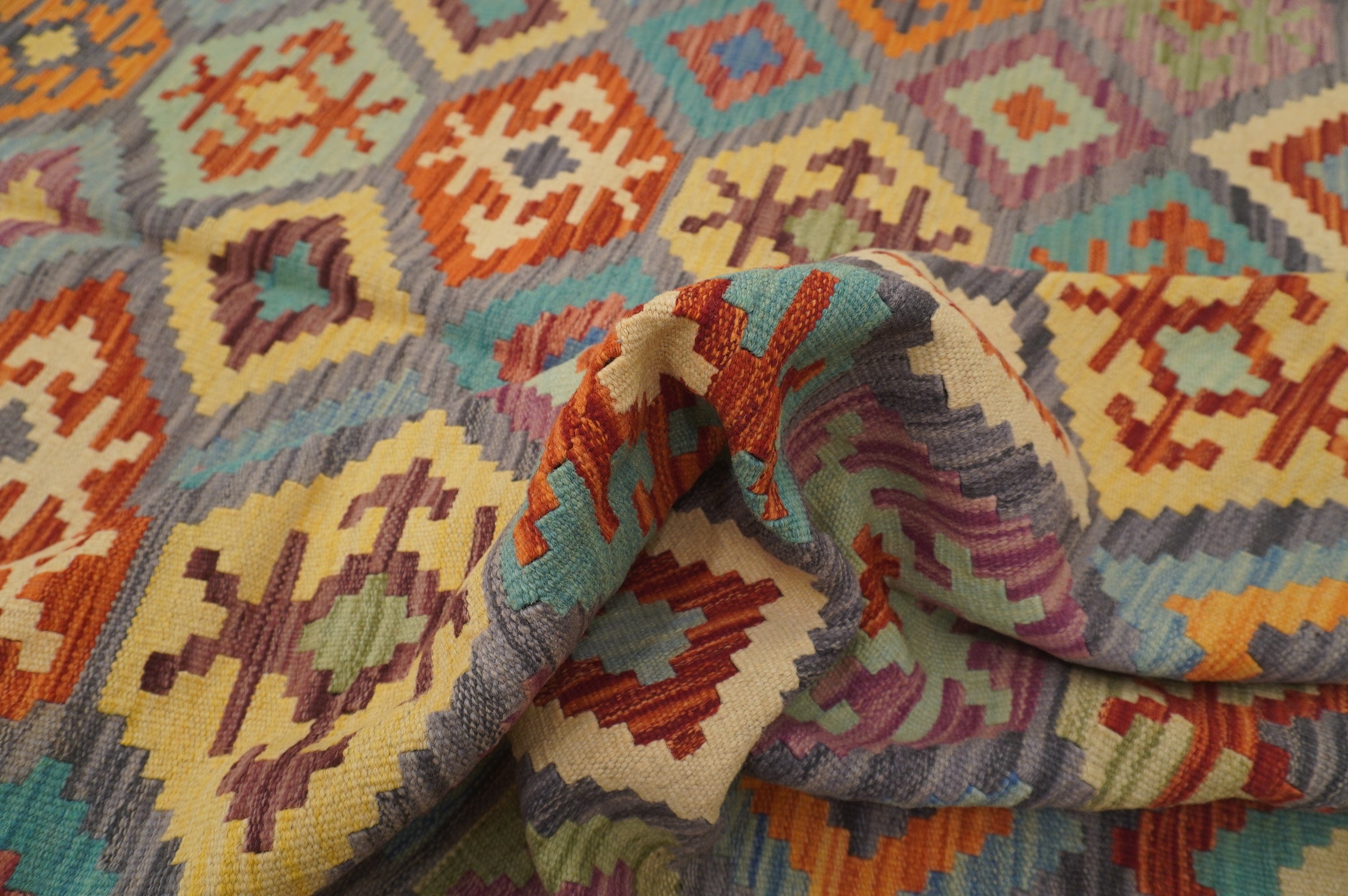 8'2 x 11'1 ft Afghan Kilim Gray Handmade Rug - Yildiz Rugs