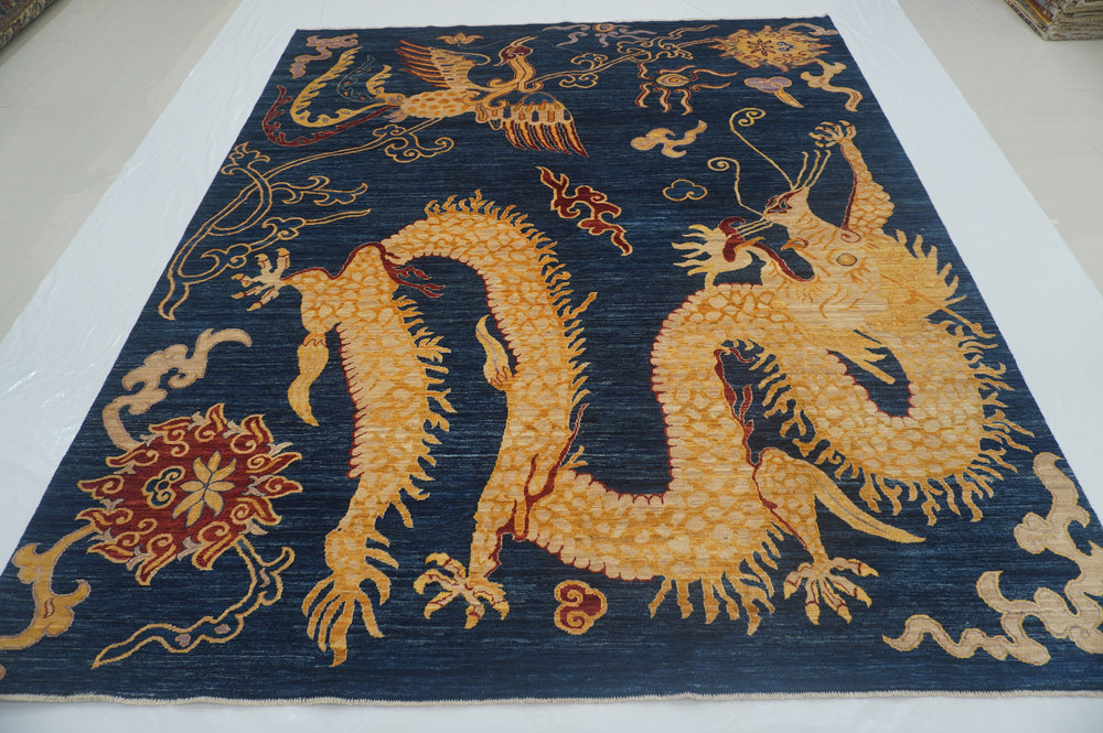 8x10 Dragon Phoenix Navy Blue Chinese Style Hand knotted Wool Area Rug - Yildiz Rugs