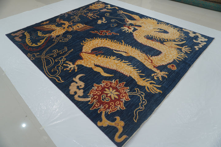 8x10 Dragon Phoenix Navy Blue Chinese Style Hand knotted Wool Area Rug