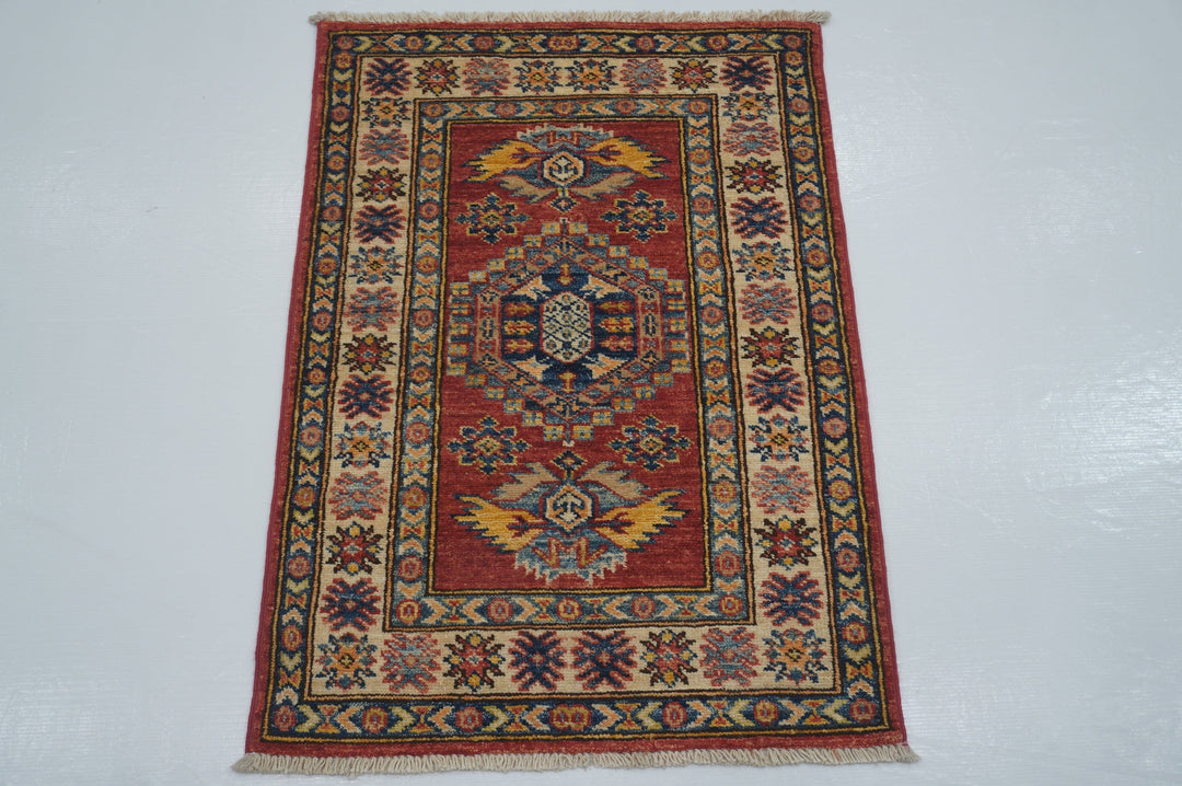 2x3 Red Kazak Afghan Hand knotted small accent rug - Yildiz Rugs