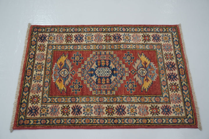 2x3 Red Kazak Afghan Hand knotted small accent rug - Yildiz Rugs