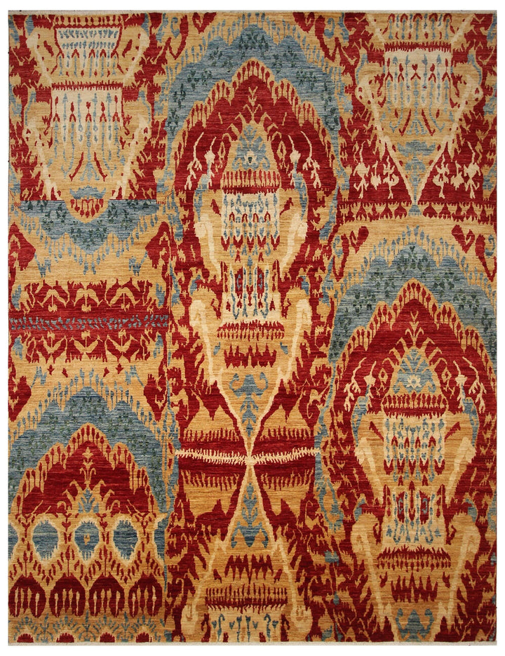 9x12 Red Ikat Uzbek Afghan Hand Knotted Wool Rug - Yildiz Rugs