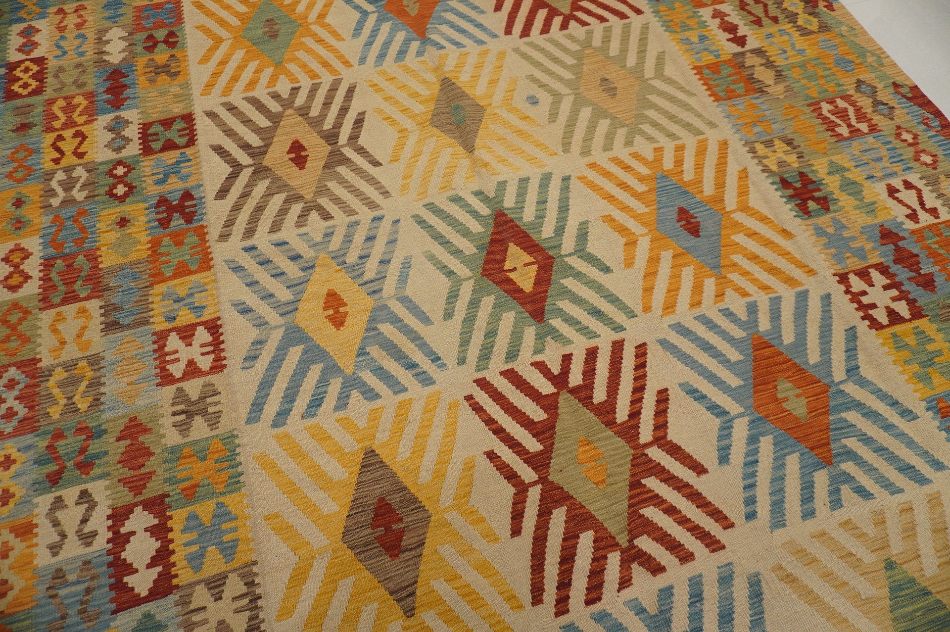 9x12. Afghan Beige Handmade Large Kilim Area Rug - Yildiz Rugs