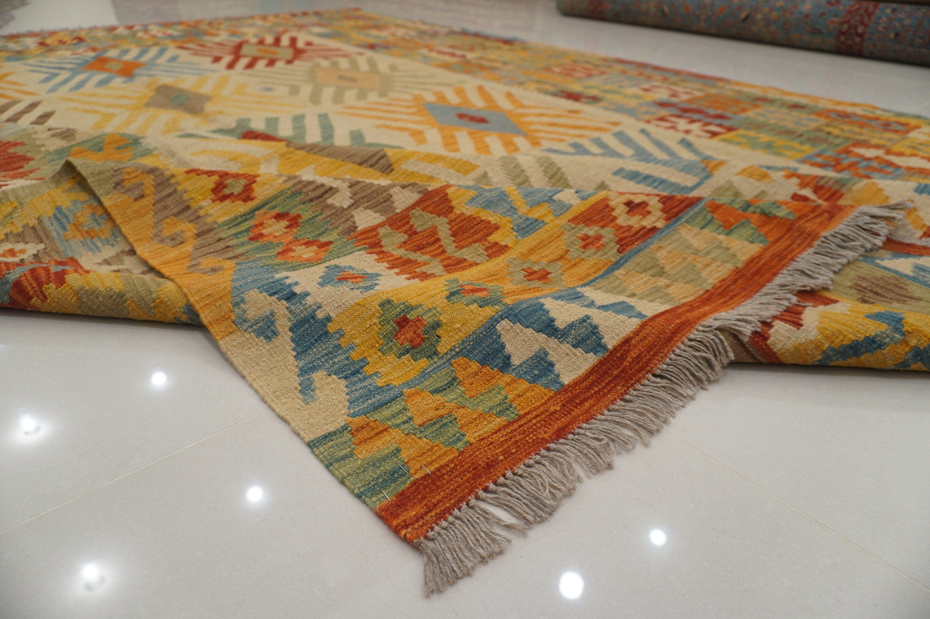 9x12. Afghan Beige Handmade Large Kilim Area Rug - Yildiz Rugs