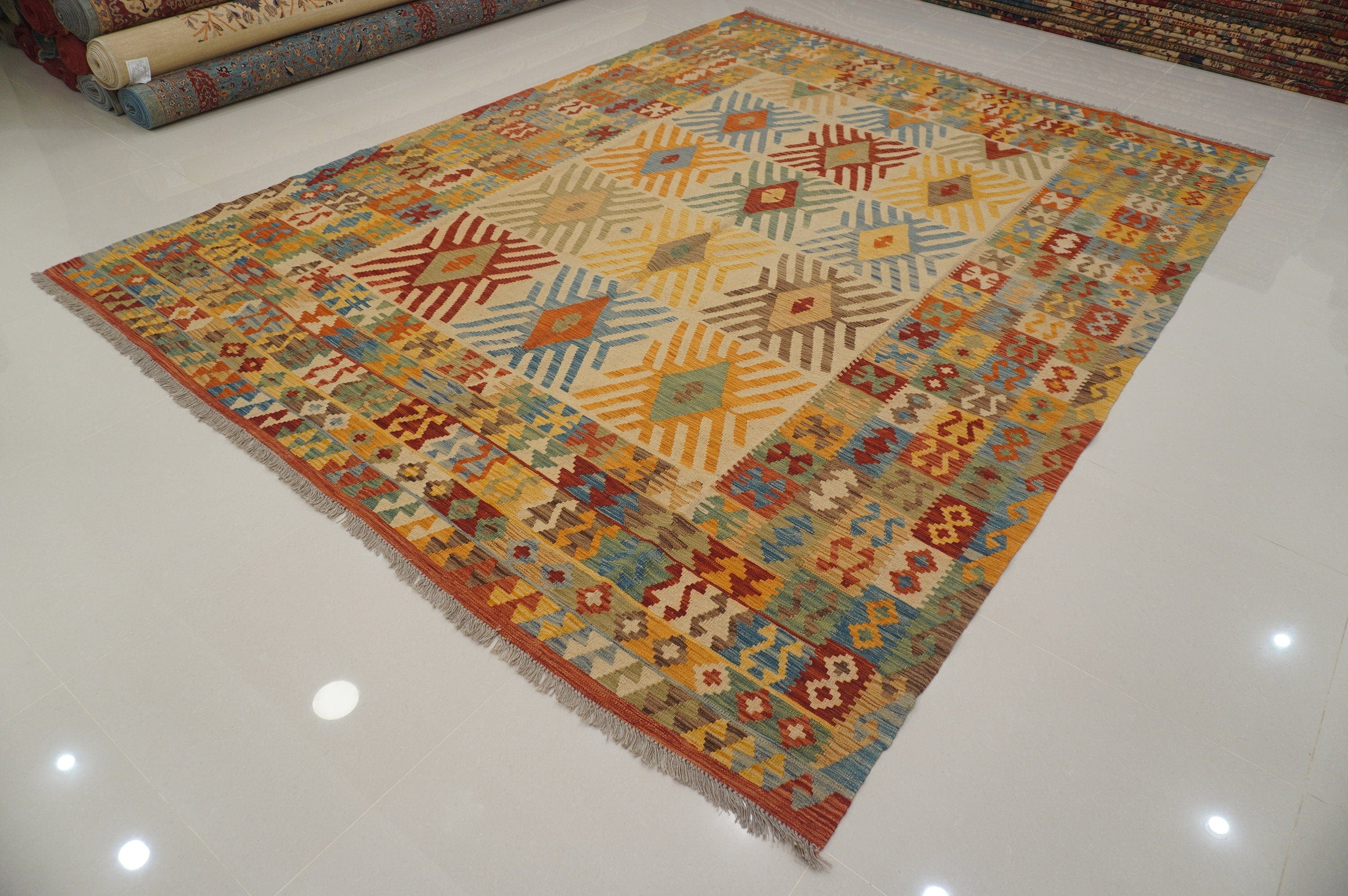 9x12. Afghan Beige Handmade Large Kilim Area Rug - Yildiz Rugs