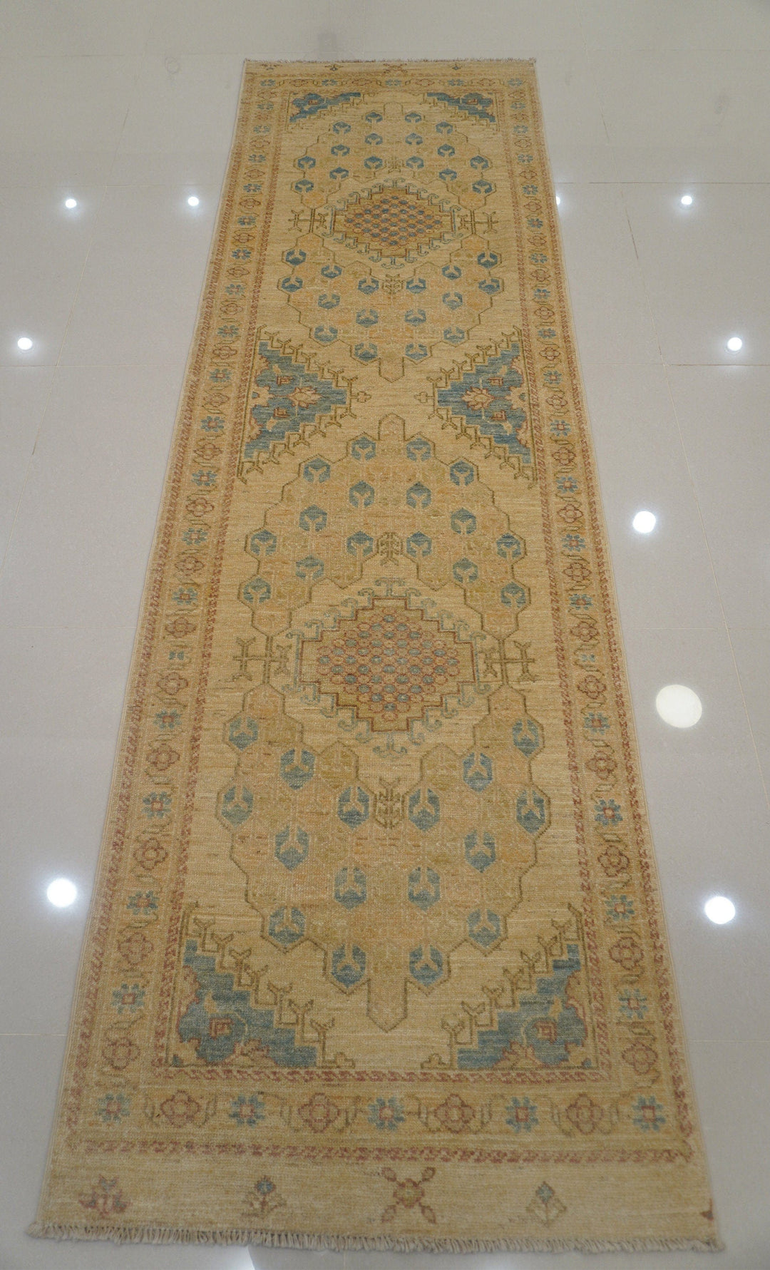 8 ft Vintage Kazak Beige Muted Colors Afghan Hand knotted runner Rug - Yildiz Rugs