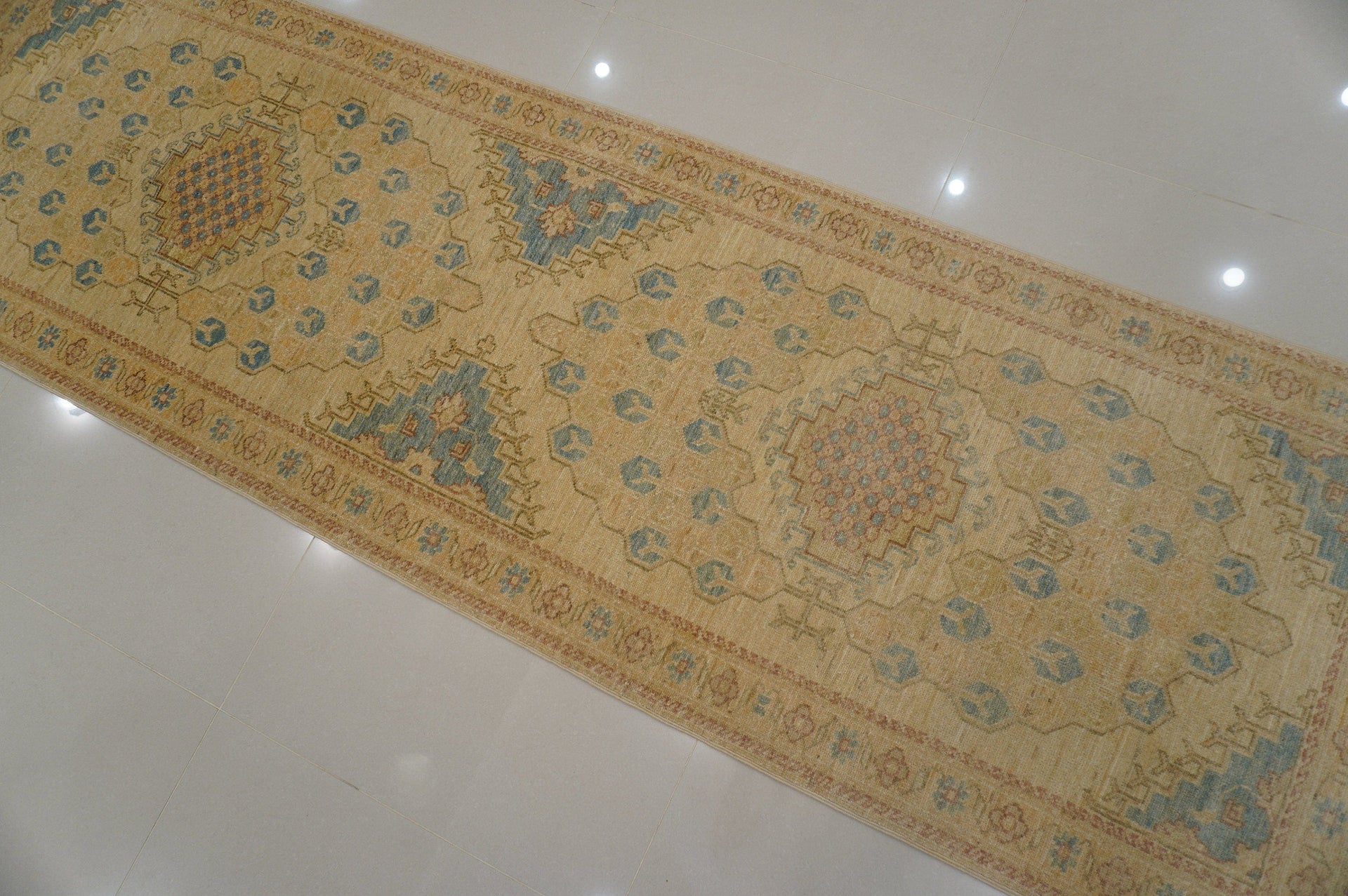 8 ft Vintage Kazak Beige Muted Colors Afghan Hand knotted runner Rug - Yildiz Rugs