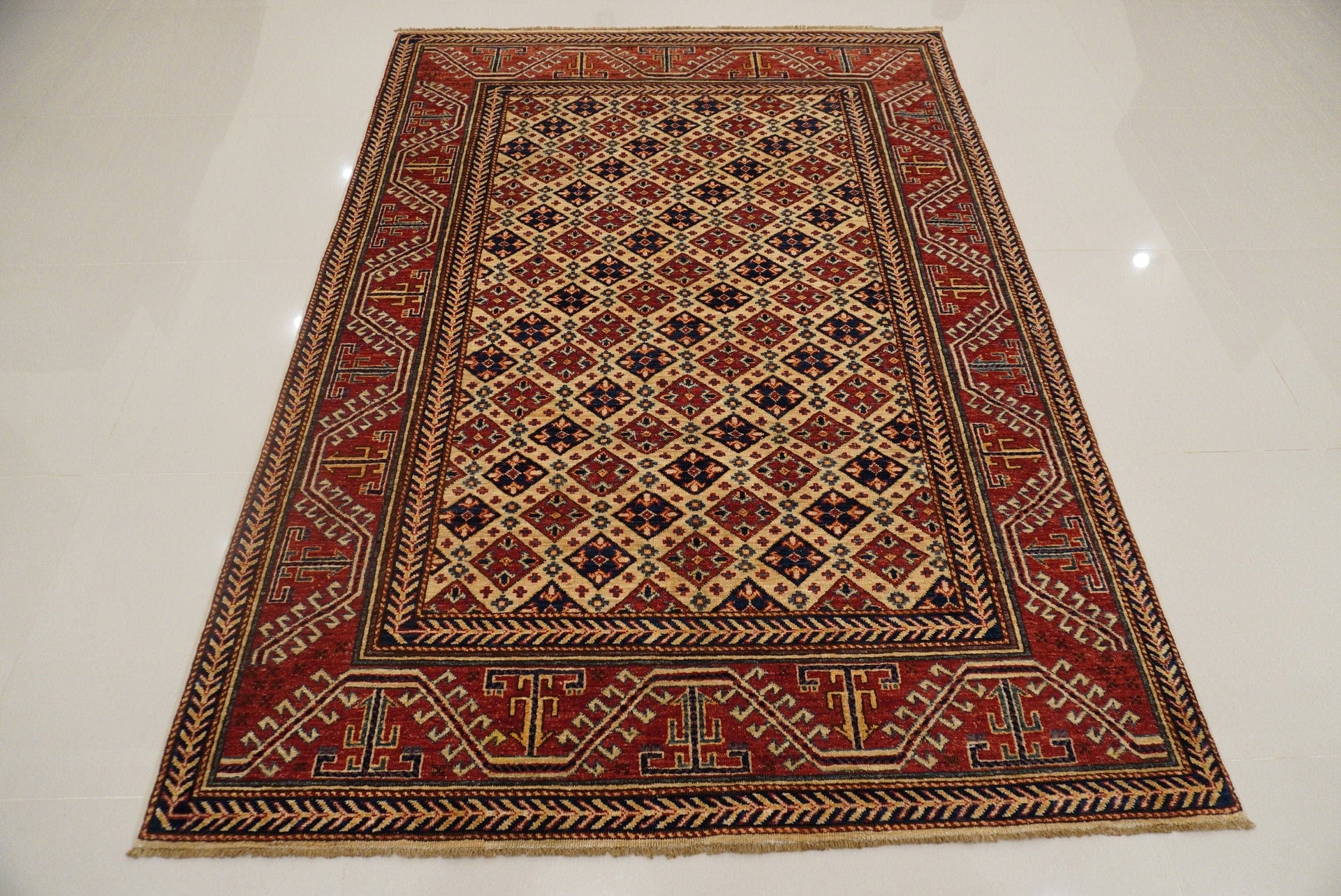 5x8 Vintage Beige Afghan Hand knotted Wool Rug - Yildiz Rugs