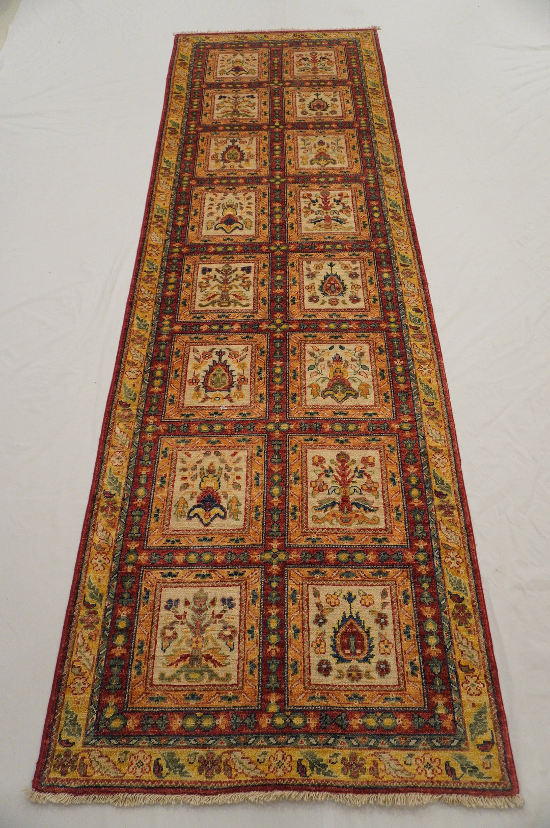 10 ft Beige Afghan Hand knotted wool Runner rug - Yildiz Rugs