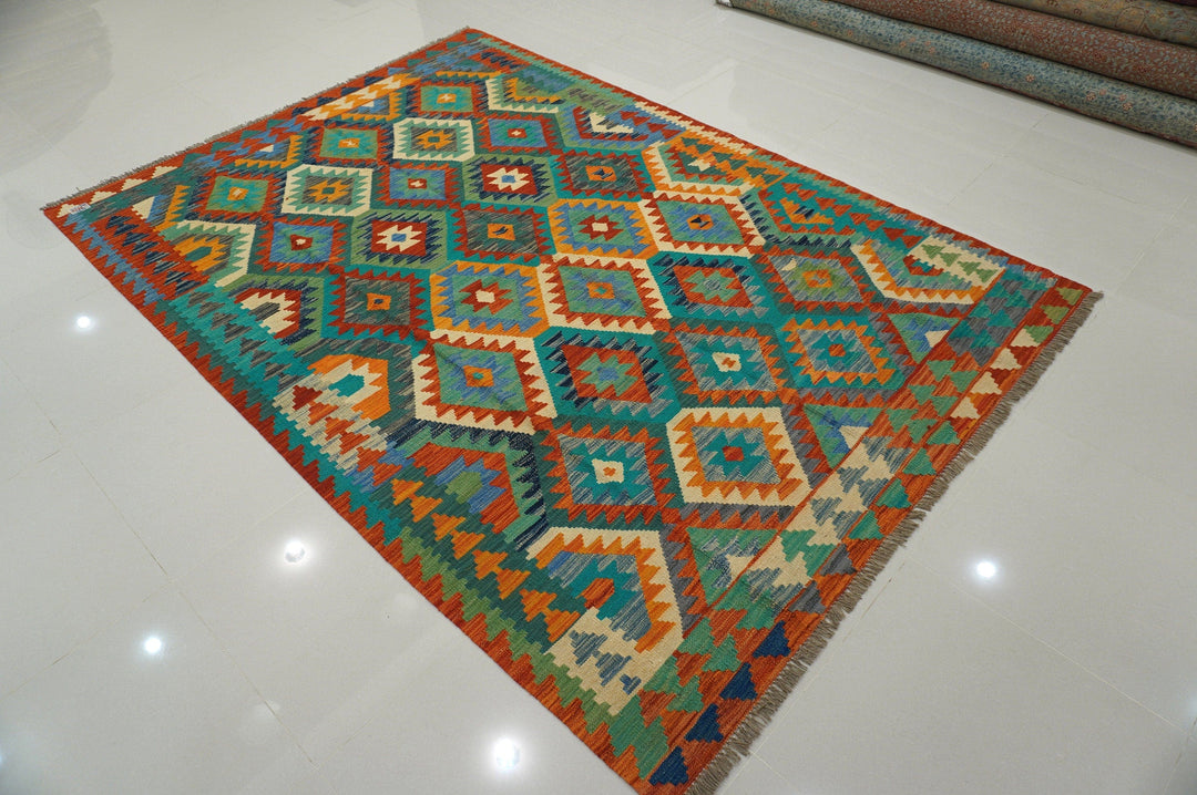 7x10 Afghan Handmade Geometric Kilim Wool Rug - Yildiz Rugs