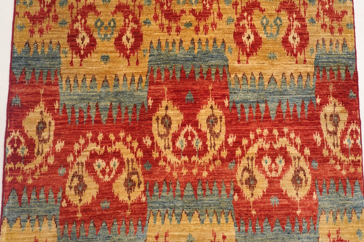 4x6 Ikat Red Gold Vintage Afghan Hand Knotted wool Area Rug - Yildiz Rugs