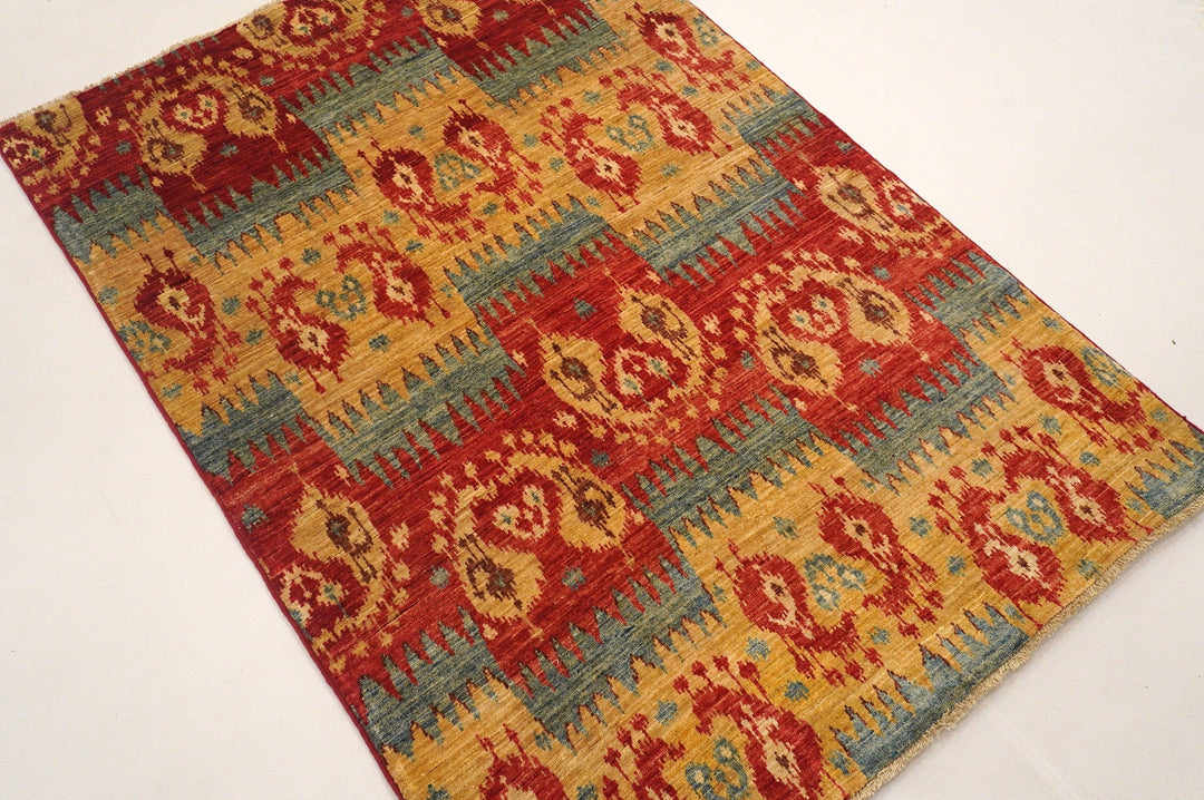 4x6 Ikat Red Gold Vintage Afghan Hand Knotted wool Area Rug - Yildiz Rugs