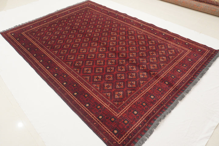 7x10 Vintage Red Afghan Hand Knotted Wool Rug - Yildiz Rugs