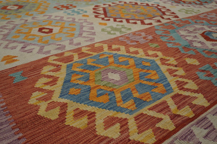 10x13 Kilim Area Rug Orange Afghan Geometric Handmade Wool Carpet - Yildiz Rugs