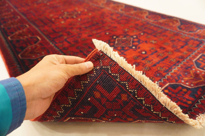 9 ft Vintage Red Afghan Handmade Wool Runner rug - Yildiz Rugs