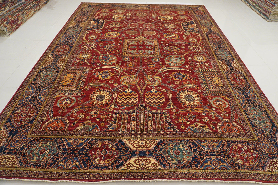 Red 10x14 Mughal Afghan Hand knotted Wool Oriental Rug - Yildiz Rugs