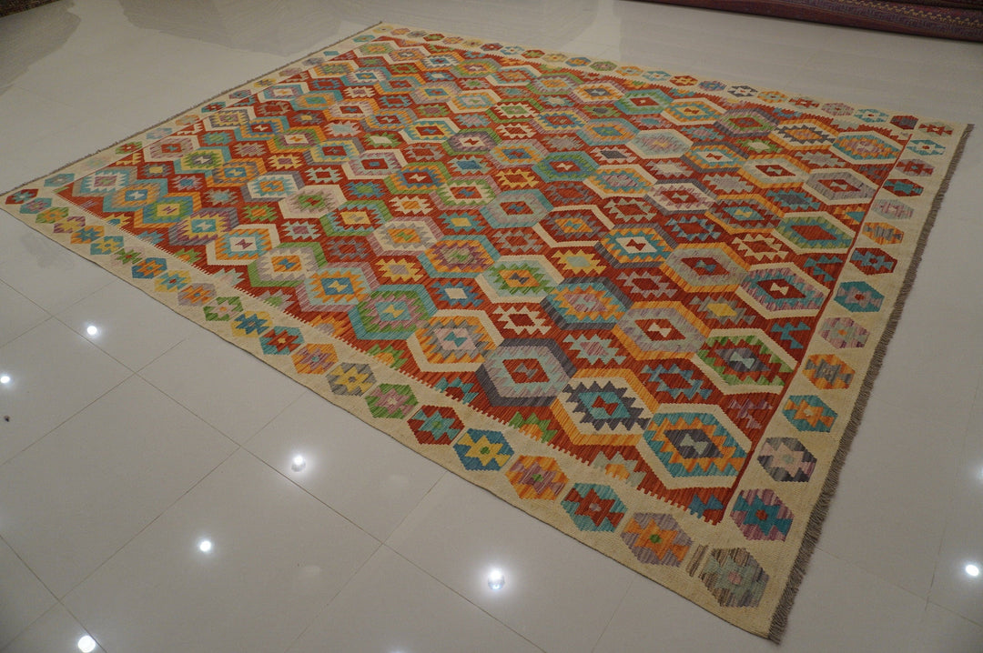 10x13 Kilim Area Rug Red Afghan Geometric Handmade Wool Carpet - Yildiz Rugs