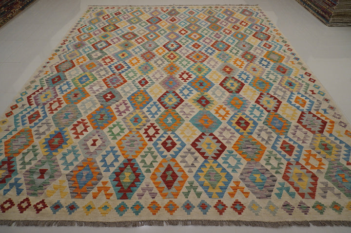 10x13 Large Kilim Beige Afghan Hand Woven Area Rug - Yildiz Rugs