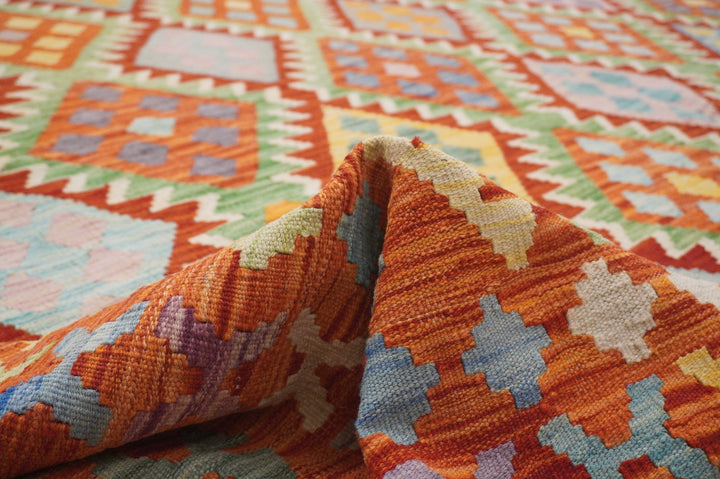 10x13 Kilim Area Rug Red Rusty Orange Afghan Geometric Handmade carpet - Yildiz Rugs