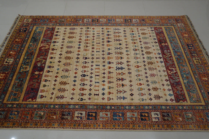 6x8 Gabbeh Beige Nomadic Tribal Afghan Handmade wool Area Rug - Yildiz Rugs