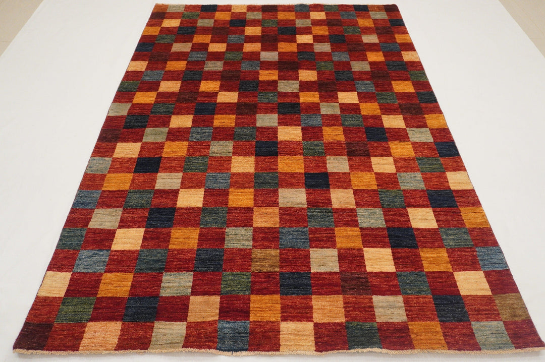 6x8 Checkered Box Gabbeh Red Afghan Hand Knotted Wool Area Rug - Yildiz Rugs