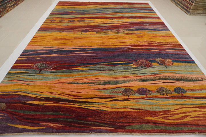 10x14 Gabbeh Area Rug landscape trees Persian Hand knotted Wool Rug - Yildiz Rugs