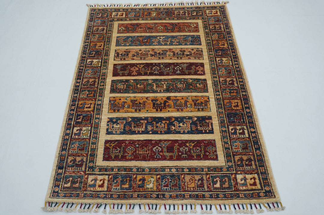 3x5 Tribal Gabbeh Beige Afghan Hand Knotted Wool Rug - Yildiz Rugs