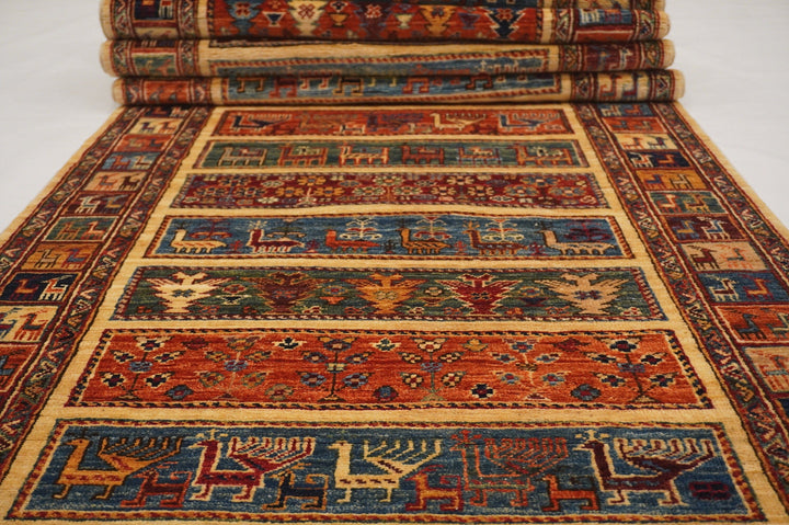 24 ft Gabbeh Beige Tribal Afghan Hand knotted Extra Long runner rug - Yildiz Rugs