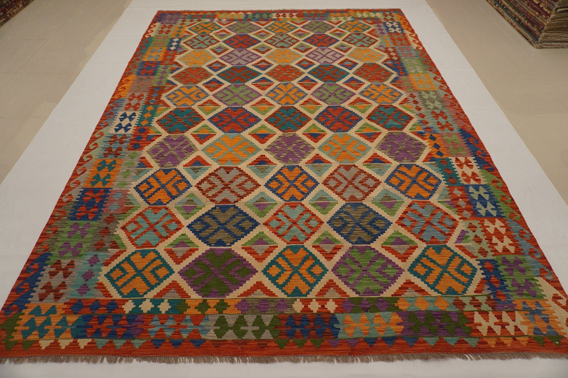 9x12 Beige Rust Red Afghan Handmade Large Kilim Area Rug - Yildiz Rugs