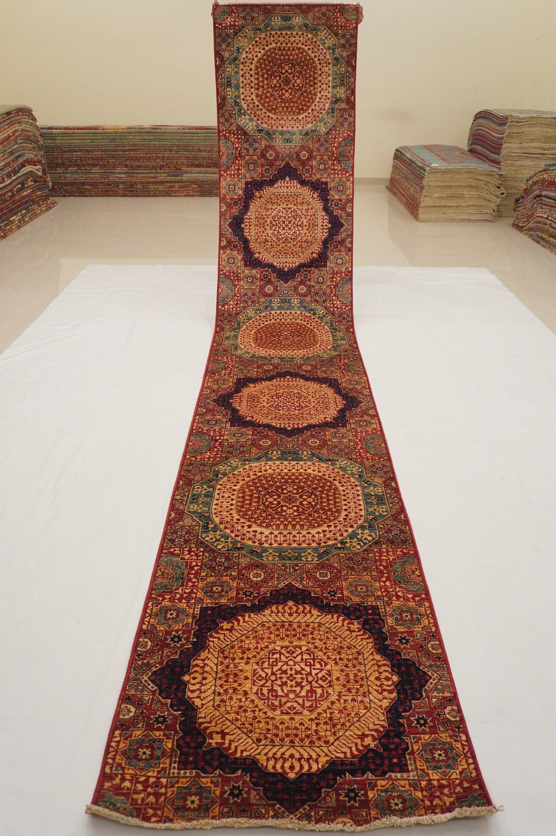 16 Feet Turkish Red Mamluk Hand knotted Wool Runner rug - Yildiz Rugs