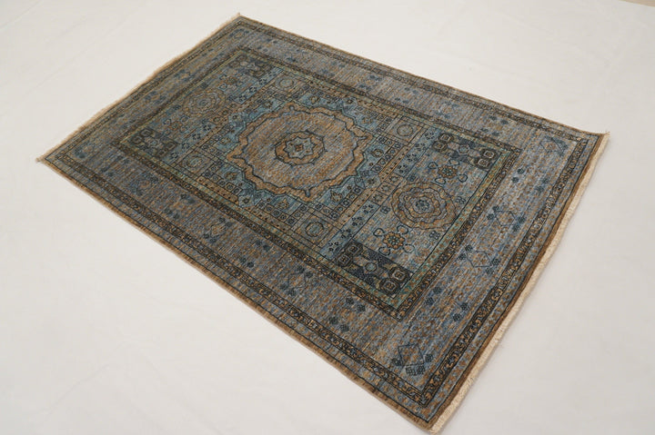 4x6 Turkish Mamluk Muted Brown Blue Hand Knotted Wool Area Rug - Yildiz Rugs