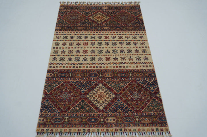 3x5 Tribal Beige Afghan Hand Knotted Wool Area Rug - Yildiz Rugs