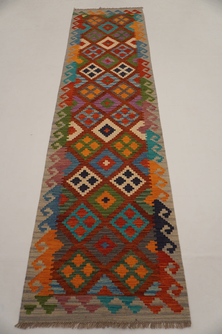 10 ft Kilim Red Gray Afghan Hand woven Wool runner Rug - Yildiz Rugs