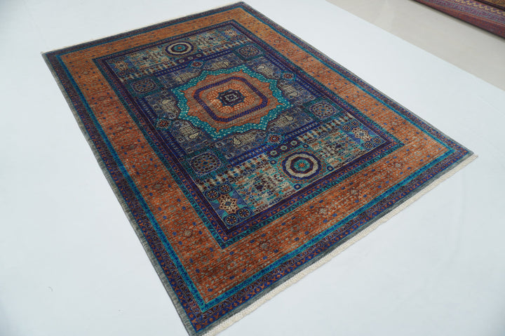 6x8 ft. Turkish Mamluk Gray Blue Orange Hand Knotted Wool Rug - Yildiz Rugs