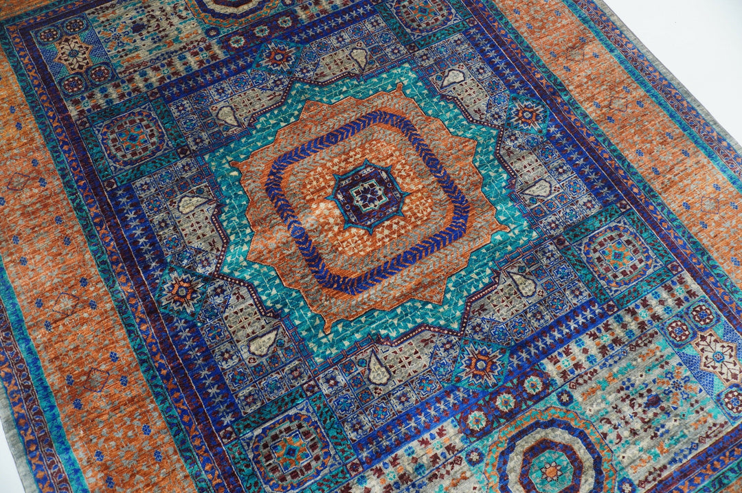 6x8_rug,hand_knotted_rug,boho_rug,area_rug,mamluk_rug,blue_mamluk_rug,wool_rug,bedroom_rug,rug_for_living_room,kids_room_rug,Persian_rug,Afghan_rug,gray_blue_orange_rug